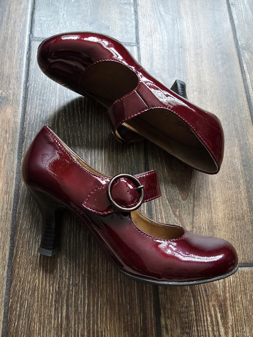 Patent Mary Jane Heels in Burgundy with Buckle Strap
